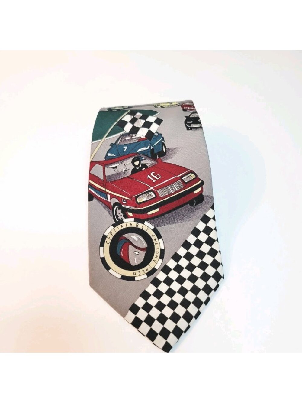 Vtg Racing-Themed Silk Necktie American Cars & Checkered Flags Racetrack